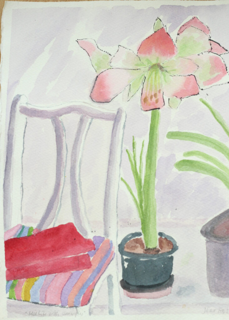 Watercolour with amaryllis and chair